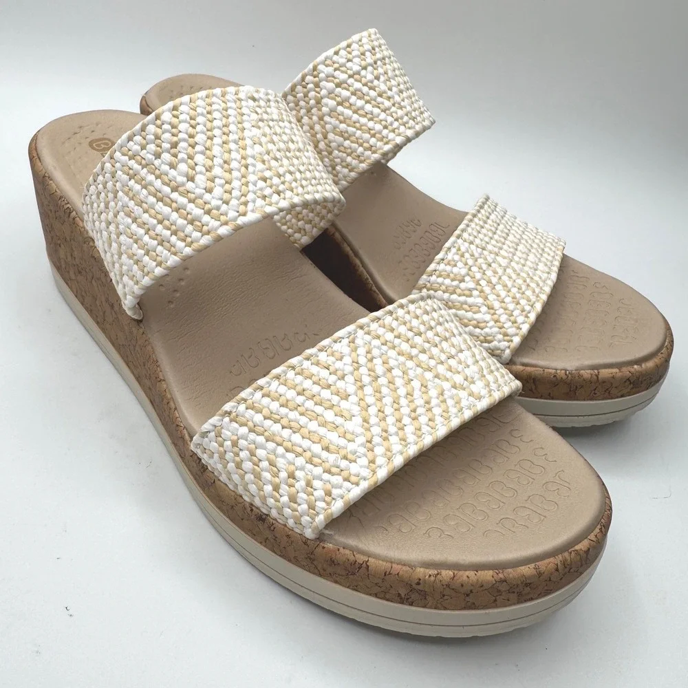 Bzees Womens Cream Tan Woven Double Strap Cork Wedge Sandals Size 8